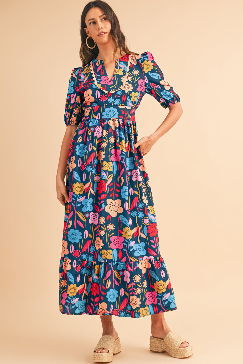 Green Floral Print Split V Neck Puff Sleeve Maxi Dress