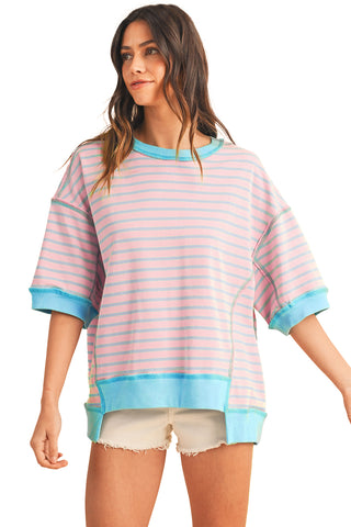 Sky Blue Stripe Contrast Drop Sleeve Loose Top