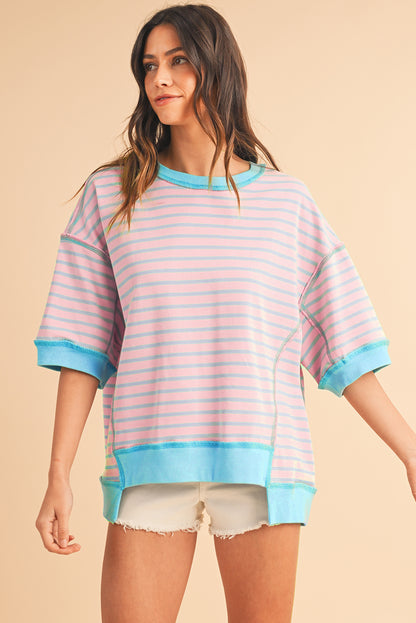 Sky Blue Stripe Contrast Drop Sleeve Loose Top