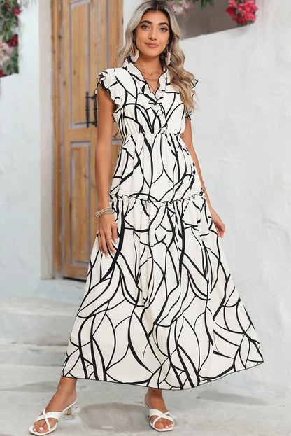 White Abstract Print V Neck Ruffle Maxi Dress