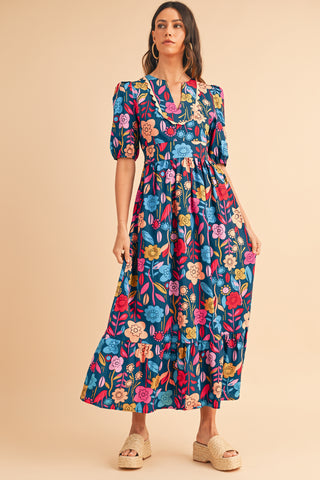 Green Floral Print Split V Neck Puff Sleeve Maxi Dress