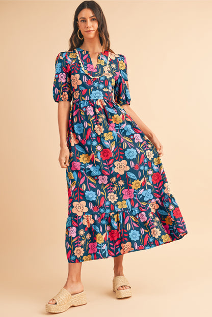 Green Floral Print Split V Neck Puff Sleeve Maxi Dress