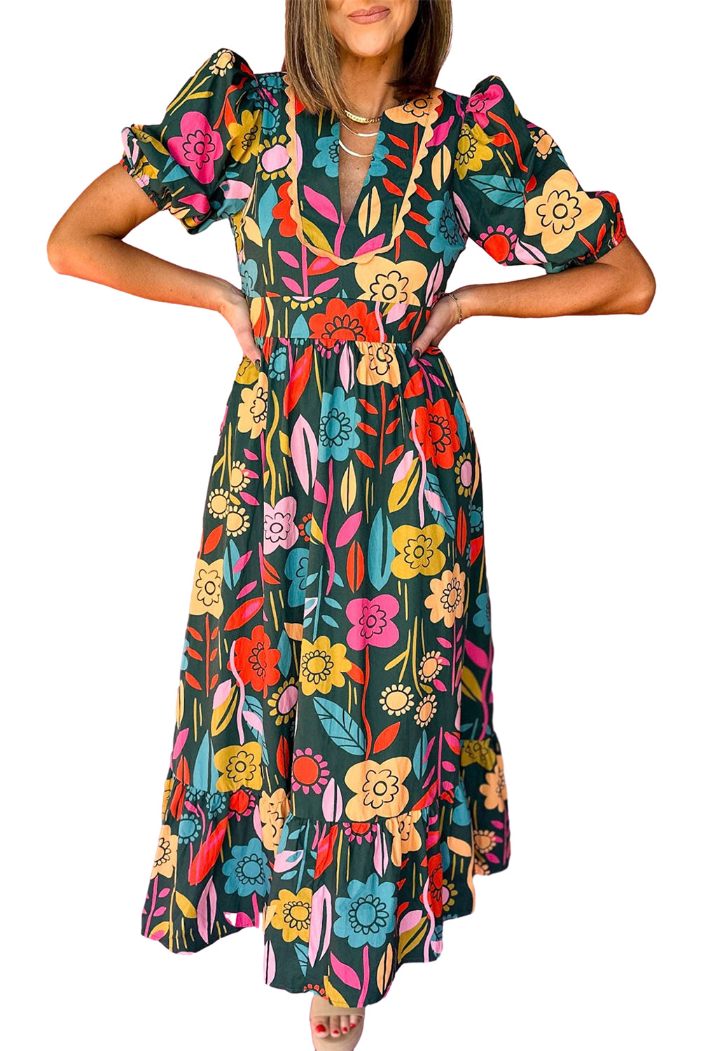 Green Floral Print Split V Neck Puff Sleeve Maxi Dress