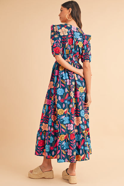 Green Floral Print Split V Neck Puff Sleeve Maxi Dress