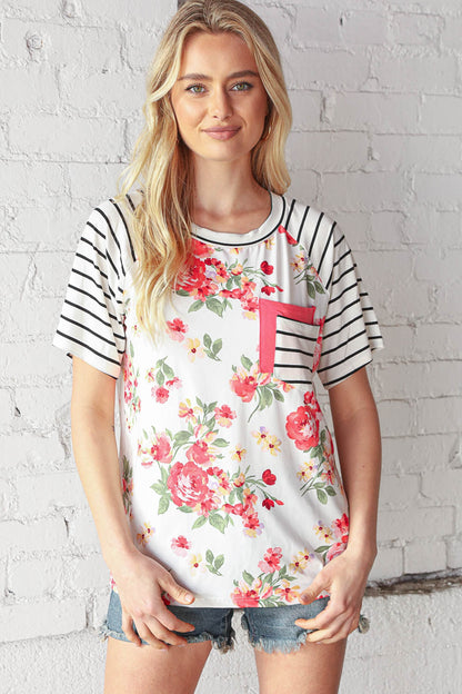 Floral Stripe Short Sleeve Double Pocket Top