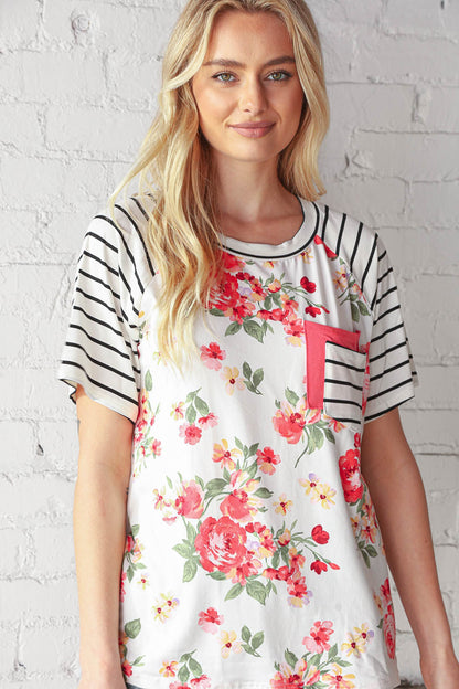 Floral Stripe Short Sleeve Double Pocket Top