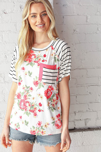 Floral Stripe Short Sleeve Double Pocket Top