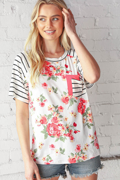 Floral Stripe Short Sleeve Double Pocket Top