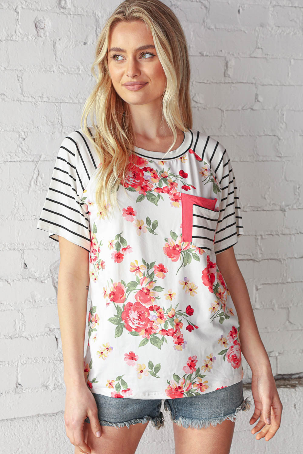 Floral Stripe Short Sleeve Double Pocket Top