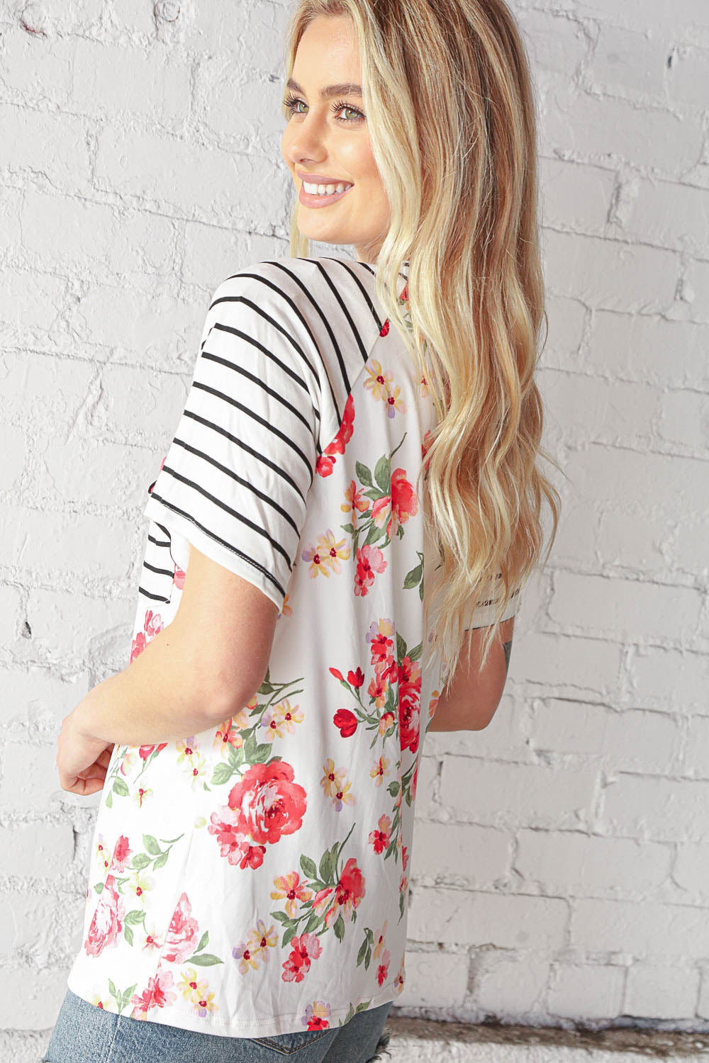 Floral Stripe Short Sleeve Double Pocket Top