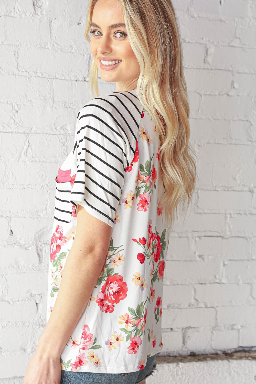 Floral Stripe Short Sleeve Double Pocket Top