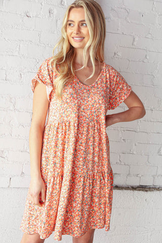 Coral V Neck Flutter Sleeve Swing Tiered Floral Dress