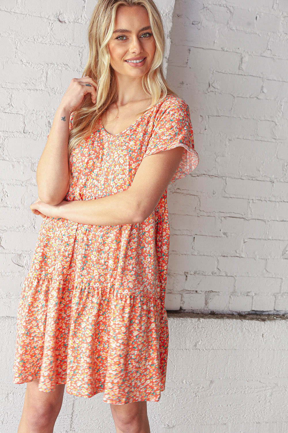 Coral V Neck Flutter Sleeve Swing Tiered Floral Dress