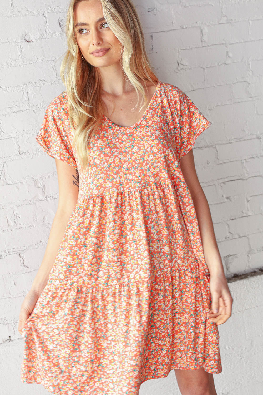 Coral V Neck Flutter Sleeve Swing Tiered Floral Dress