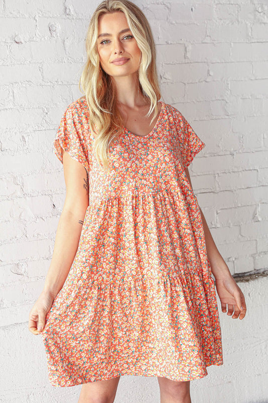 Coral V Neck Flutter Sleeve Swing Tiered Floral Dress