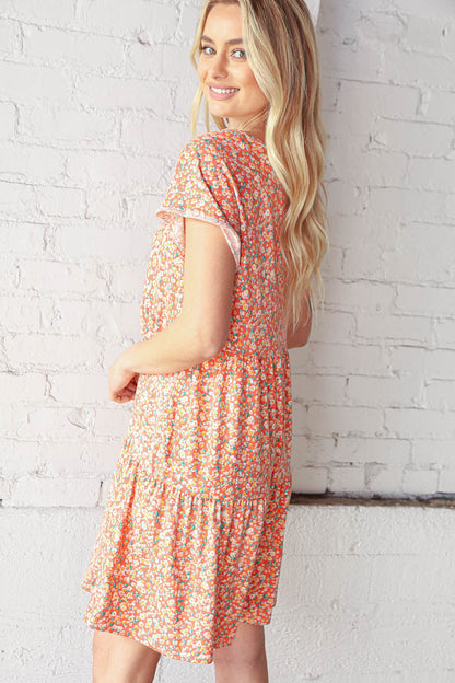 Coral V Neck Flutter Sleeve Swing Tiered Floral Dress