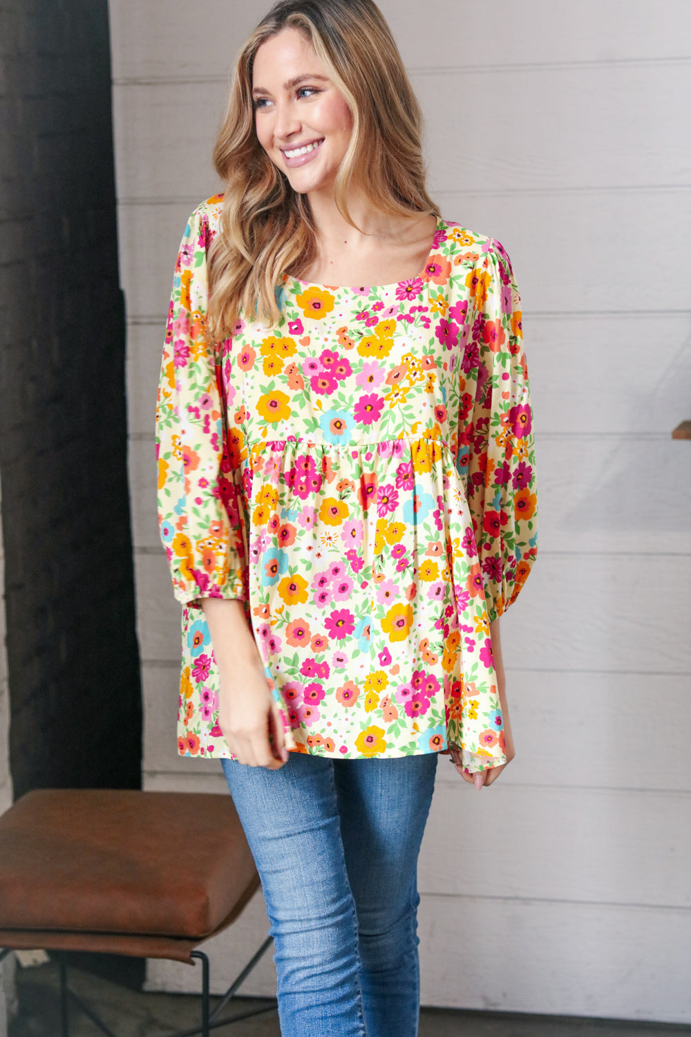 Daffodil Square Neck Peplum Floral Challis Woven Top