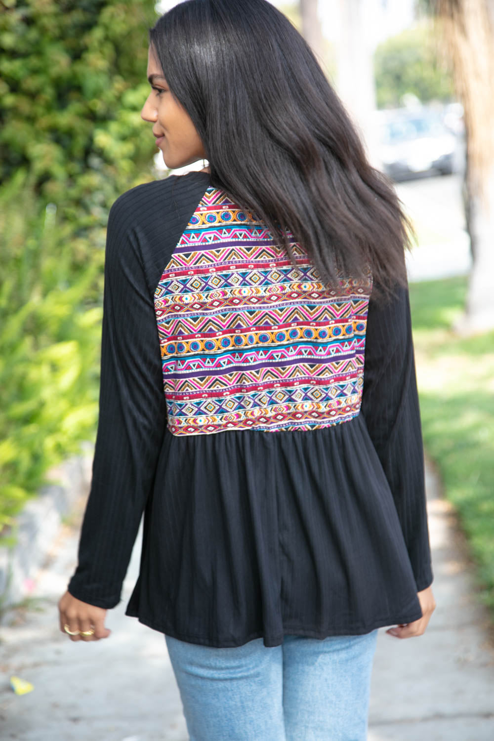 Rib Raglan Aztec Yoke Babydoll Top