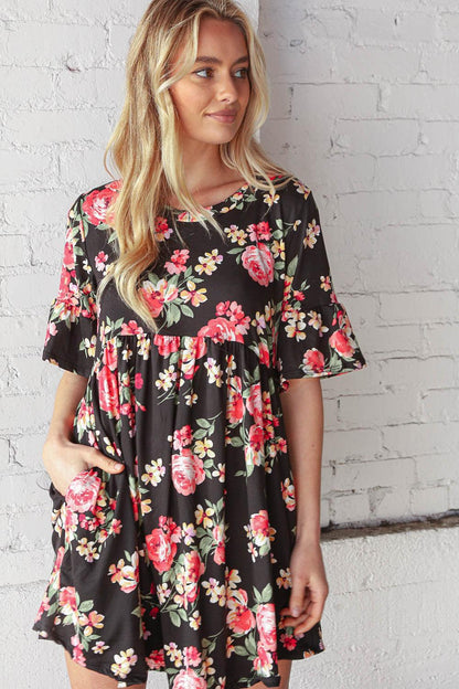 Black and Floral Elbow Length Swing Pocketed Dress