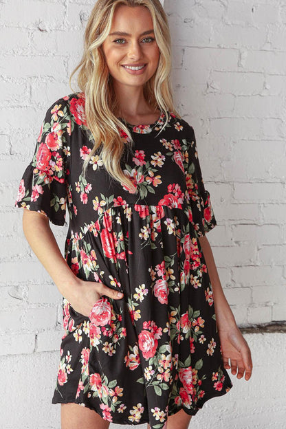 Black and Floral Elbow Length Swing Pocketed Dress