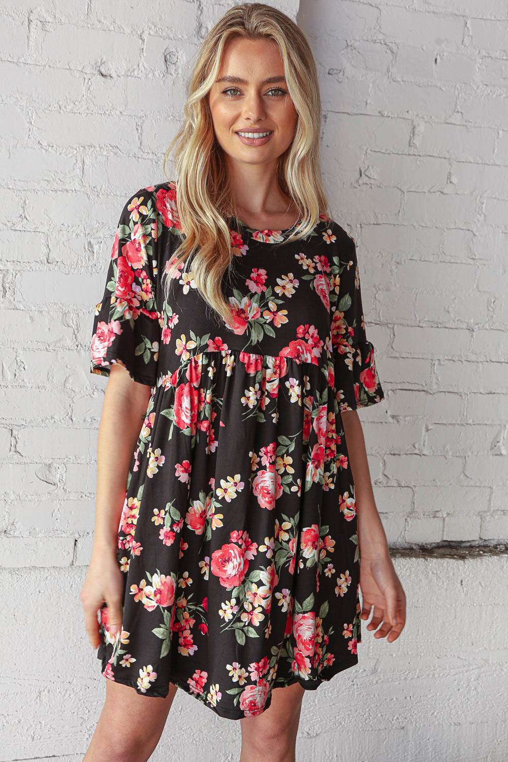 Black and Floral Elbow Length Swing Pocketed Dress