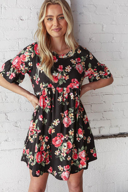 Black and Floral Elbow Length Swing Pocketed Dress