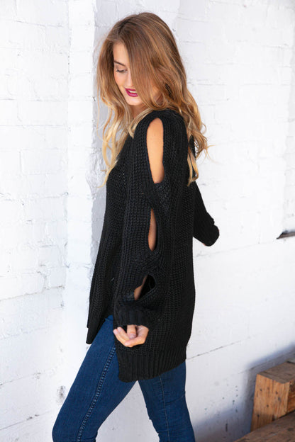 Twisted Cut Out Patterned Long Sleeve Knit Sweater