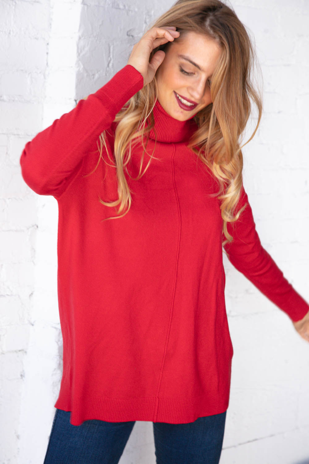 Christmas Red Out Seam Turtleneck Sweater