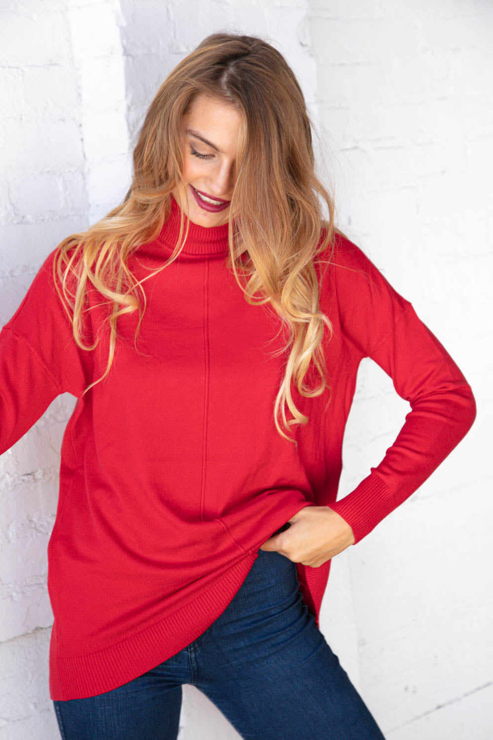 Christmas Red Out Seam Turtleneck Sweater