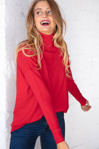 Christmas Red Out Seam Turtleneck Sweater