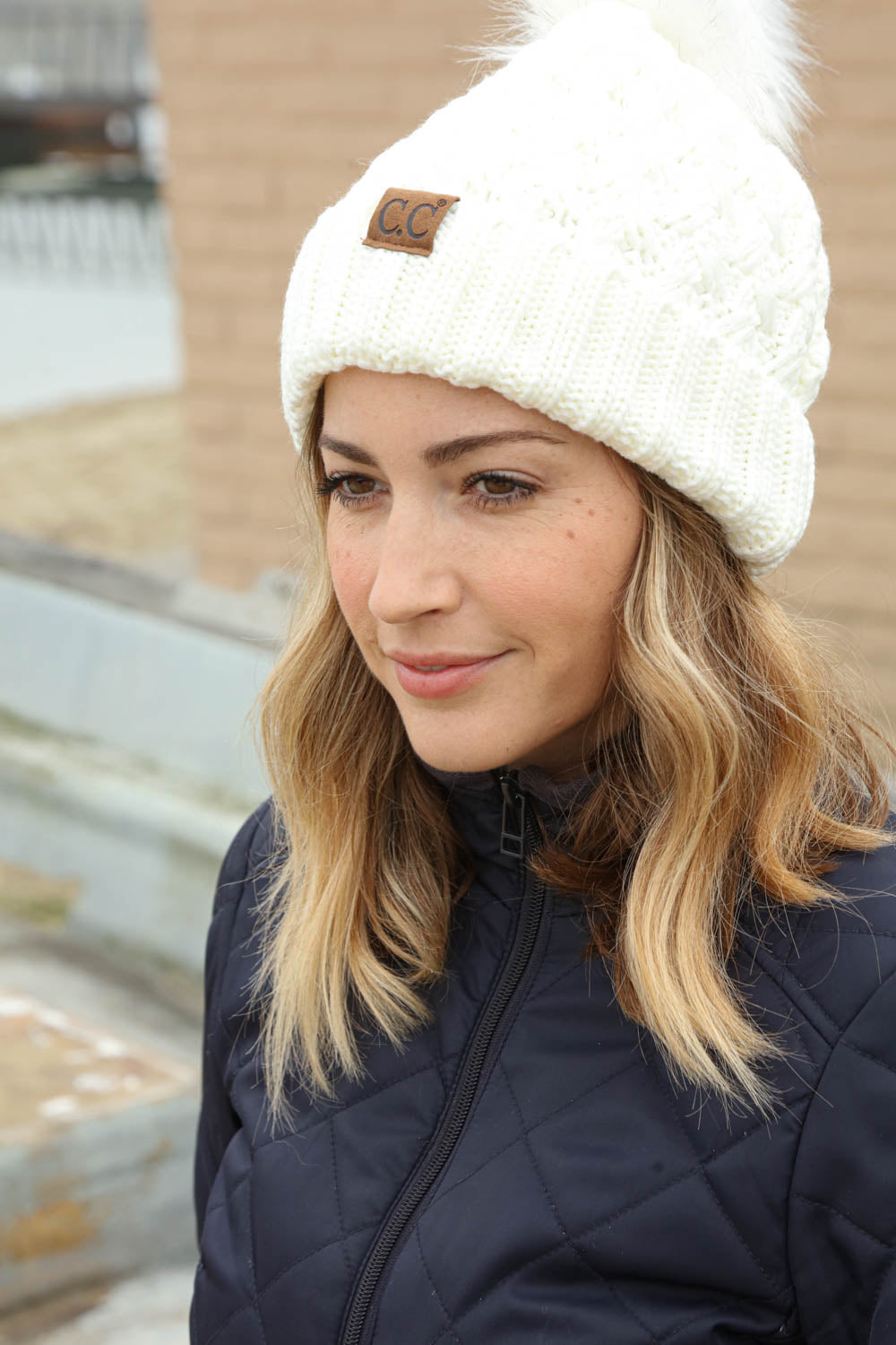 CC Exclusive Ivory Knit Pompom Beanie