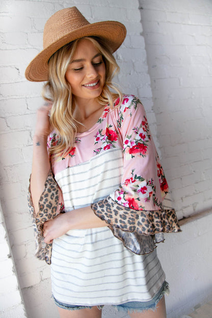 Floral Print and Stripe Leopard Frill Hem Bell Sleeve Top