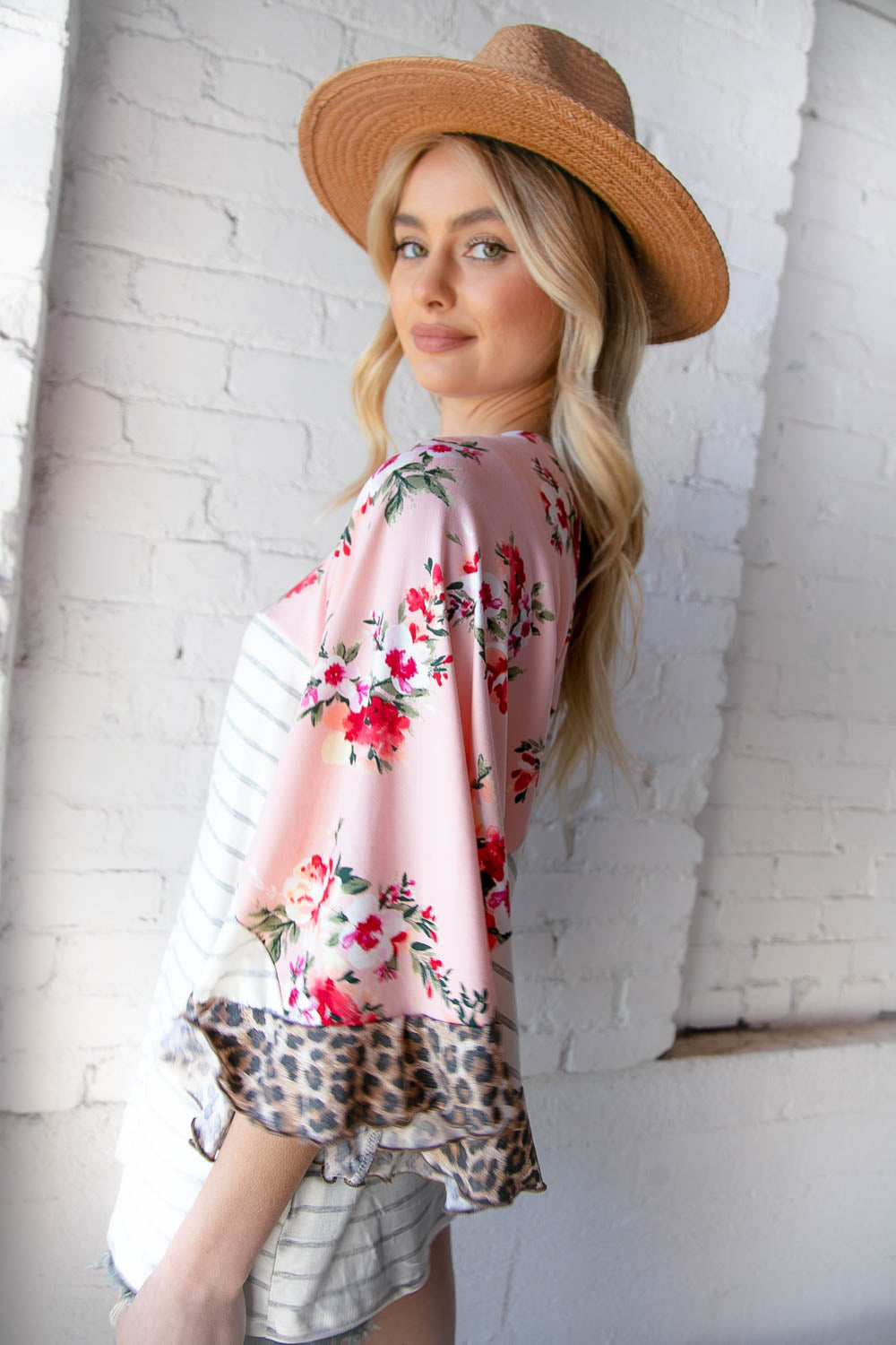 Floral Print and Stripe Leopard Frill Hem Bell Sleeve Top