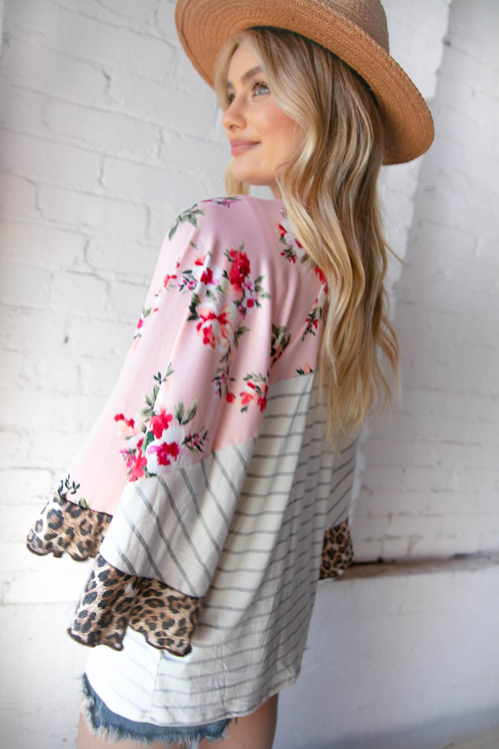 Floral Print and Stripe Leopard Frill Hem Bell Sleeve Top