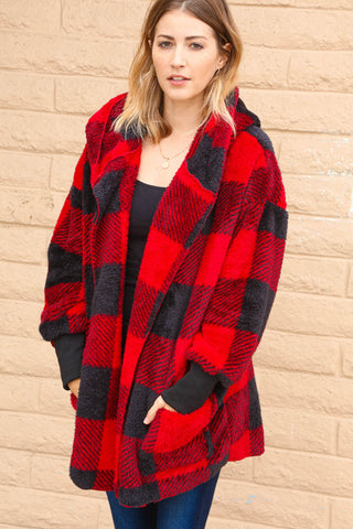 Plaid Sherpa Open Oversized Hoodie Jacket