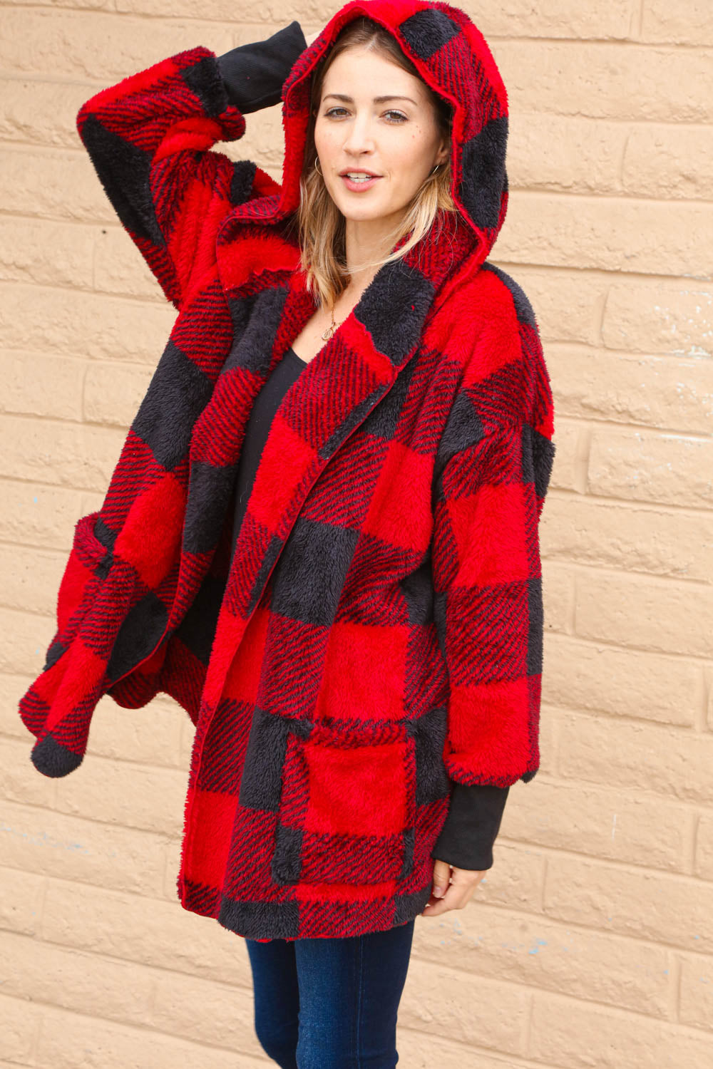 Plaid Sherpa Open Oversized Hoodie Jacket