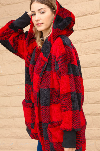 Plaid Sherpa Open Oversized Hoodie Jacket