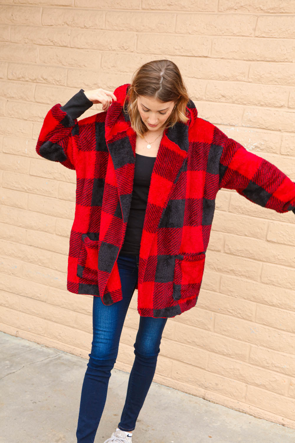 Plaid Sherpa Open Oversized Hoodie Jacket