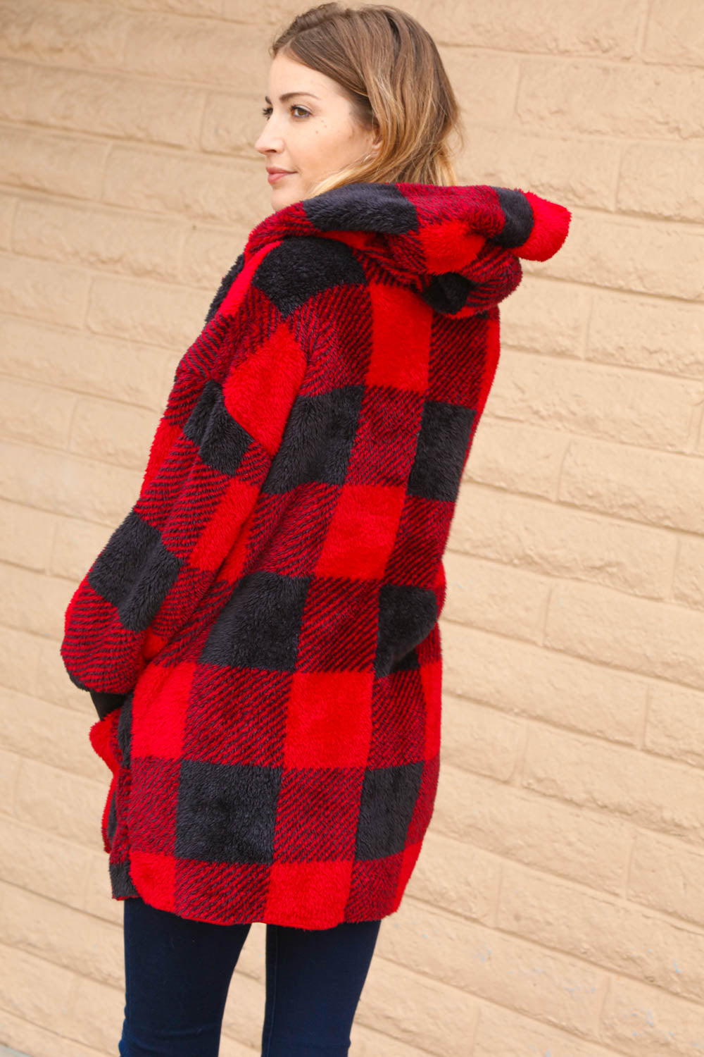 Plaid Sherpa Open Oversized Hoodie Jacket