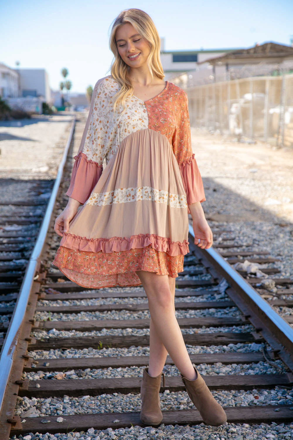 Taupe Slub Floral Ruffled Merrow Tiered Woven Dress