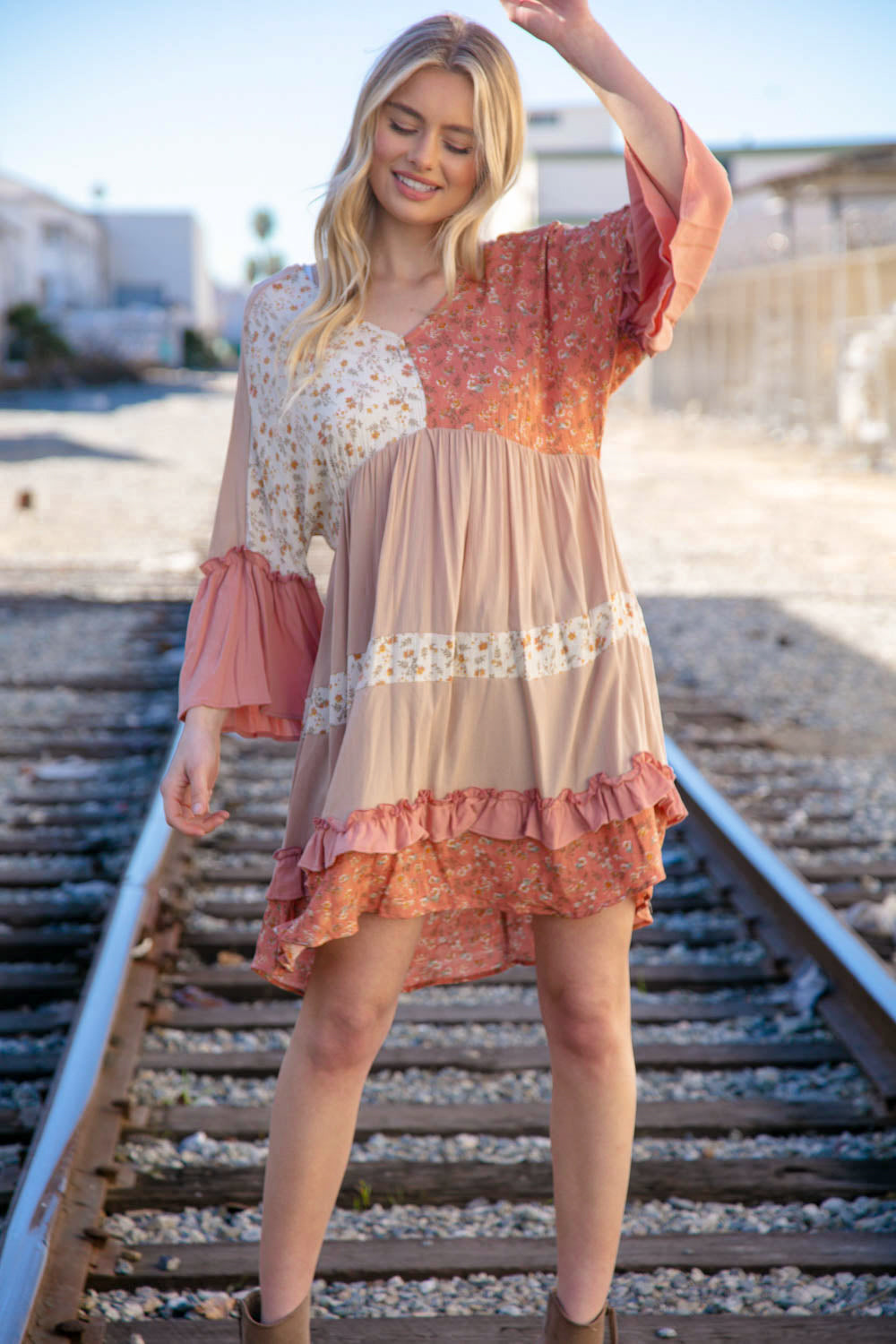 Taupe Slub Floral Ruffled Merrow Tiered Woven Dress