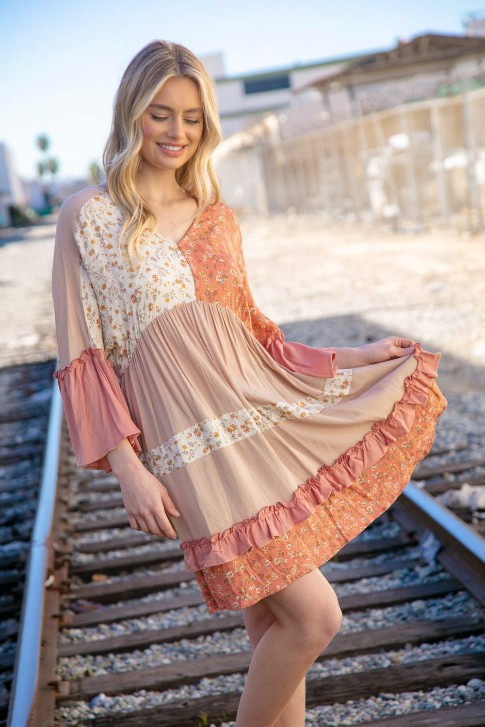 Taupe Slub Floral Ruffled Merrow Tiered Woven Dress