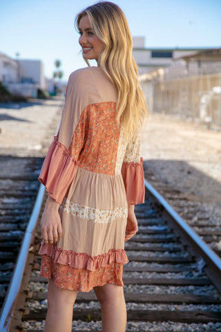 Taupe Slub Floral Ruffled Merrow Tiered Woven Dress