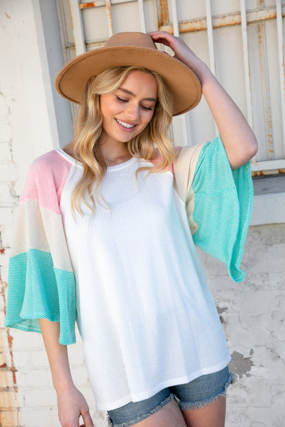 Two-Tone Flutter Bell Sleeve Color Block Top