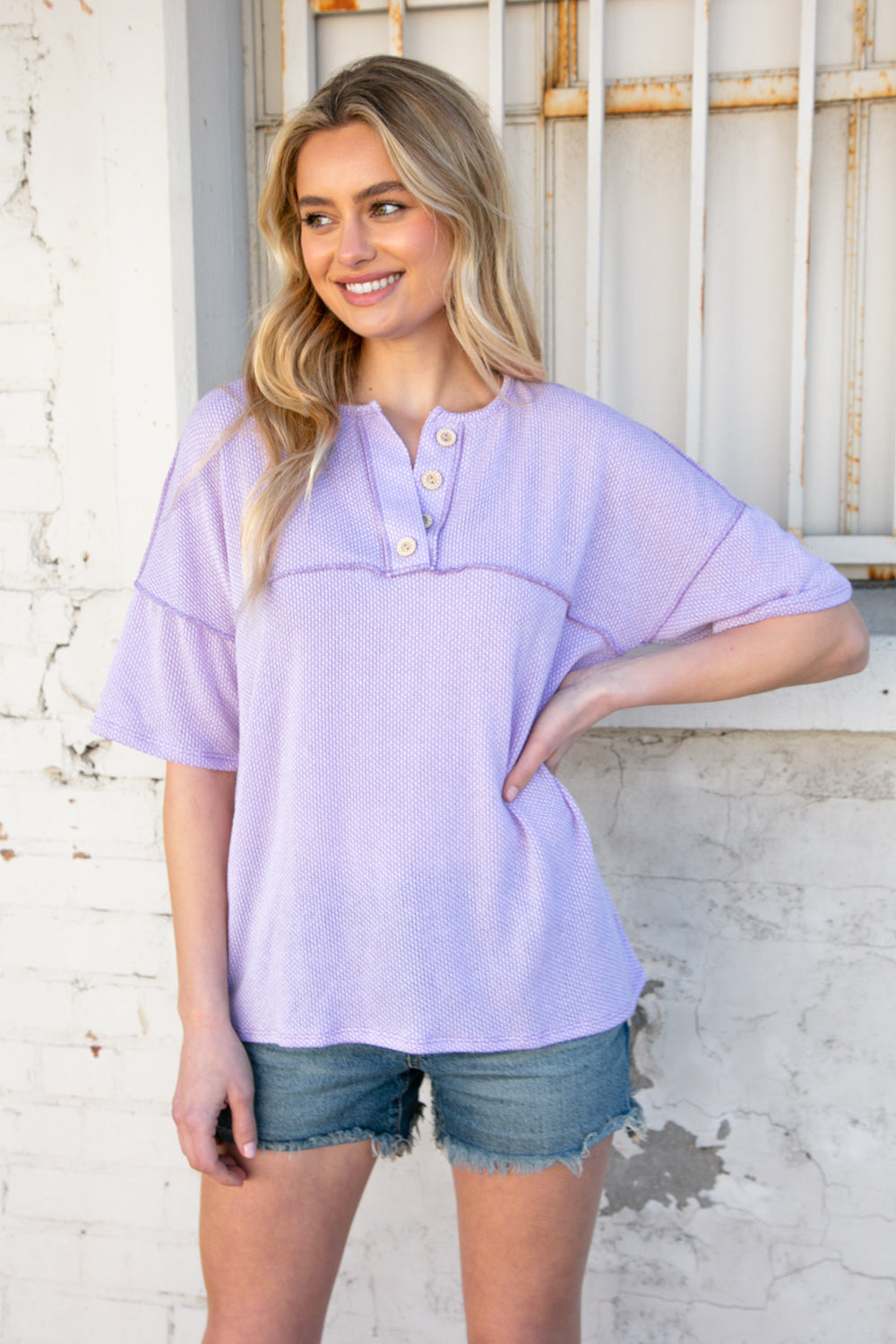 Lilac Textured Knit Button Down Outseam Top