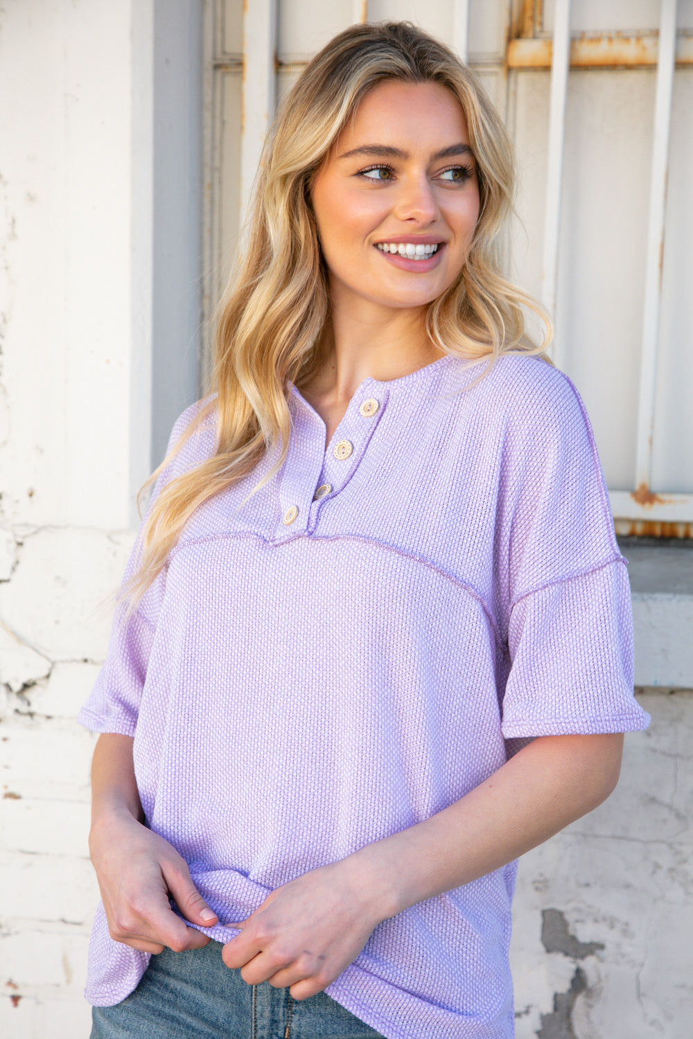 Lilac Textured Knit Button Down Outseam Top