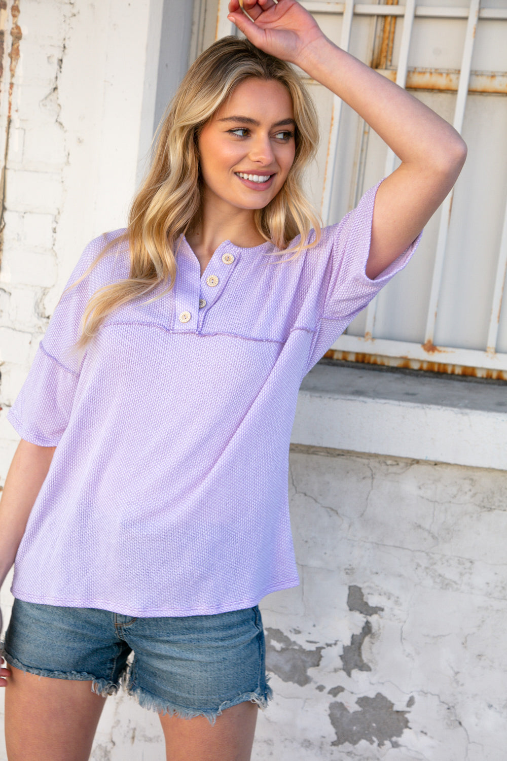 Lilac Textured Knit Button Down Outseam Top