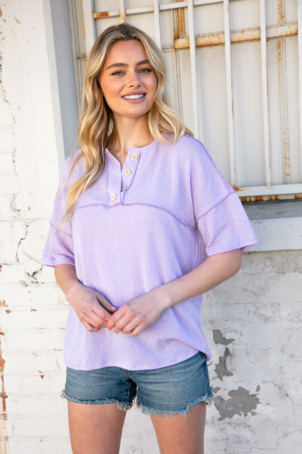 Lilac Textured Knit Button Down Outseam Top