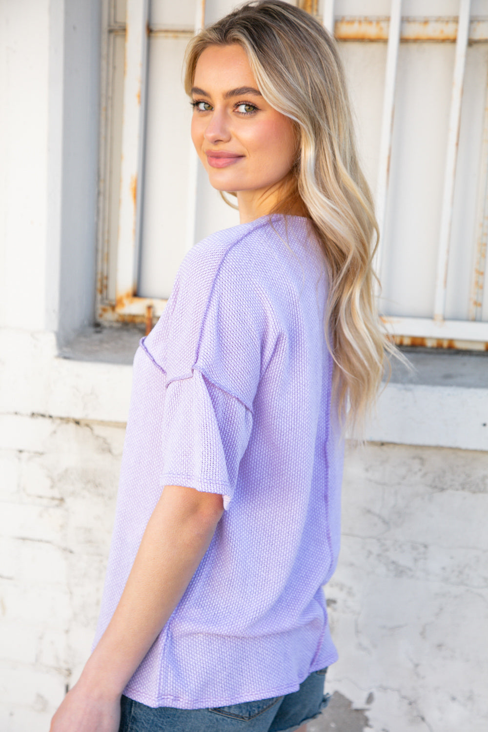 Lilac Textured Knit Button Down Outseam Top