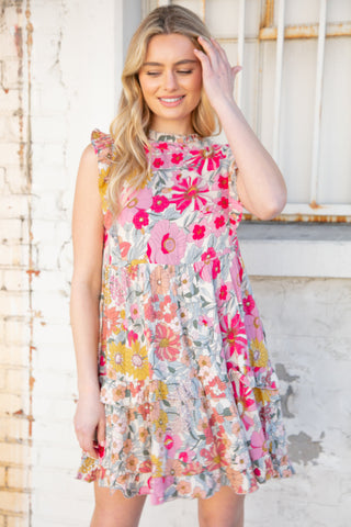 Pink and Sage Floral Tiered Ruffle Cap Sleeve Dress